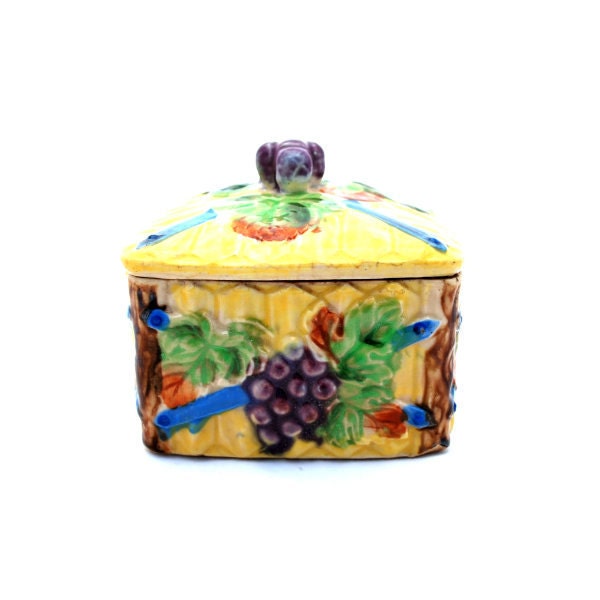 Vintage Box Porcelain 1930s Handpainted Grapevine Decor Canister Made in Japan
