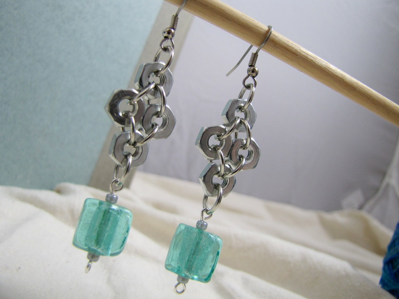 Mechanical Engineering for Leprechauns earrings: hex nuts, glass (free US shipping)