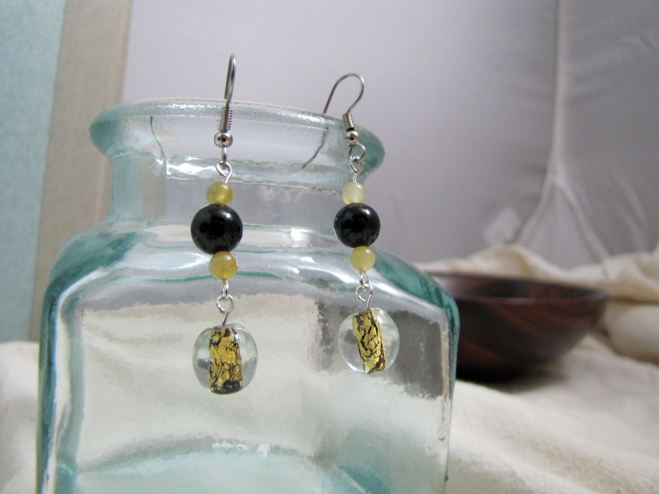 Fool's Honey, Fool's Gold earrings: new jade, black agate, glass (free US shipping)