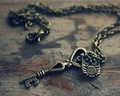 Tiny Owl Key Charm Necklace - Vintage - Bronze -