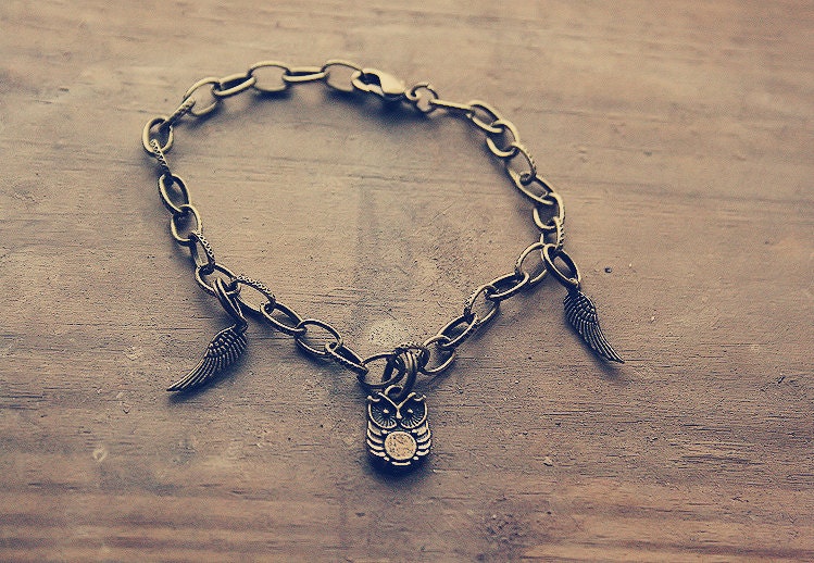 Bronze Owl and Wings Charm Bracelet