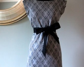 Black and Grey Dress with Argyle print and Black Boat Neck Collar made from Bamboo / Linen Fabric