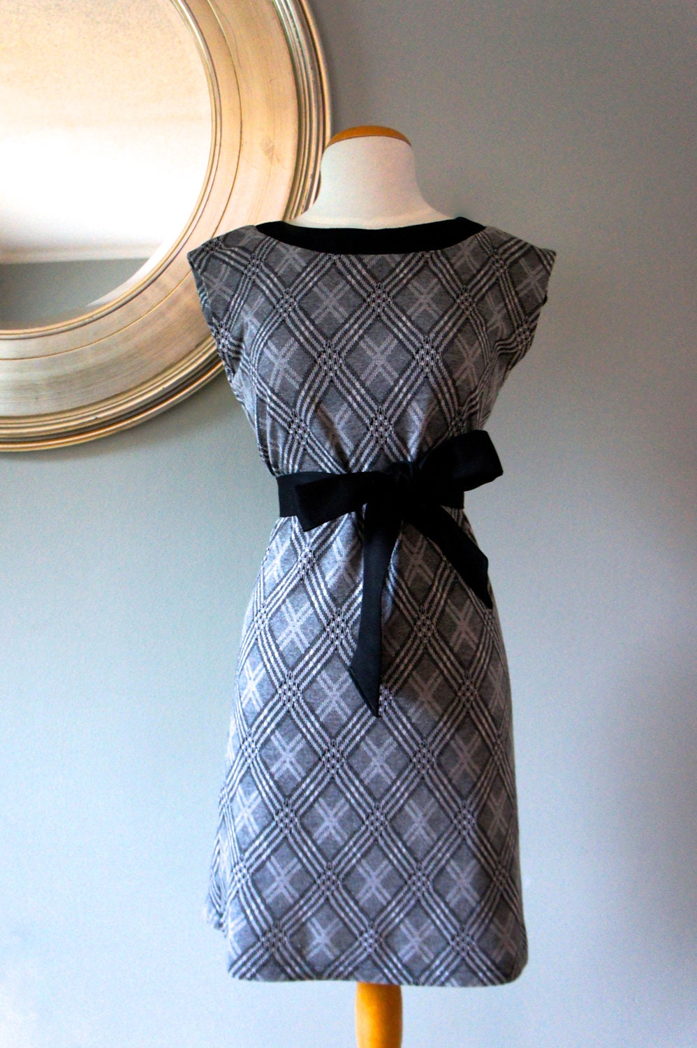 Black and Grey Dress with Argyle print and Black Boat Neck Collar made from Bamboo / Linen Fabric