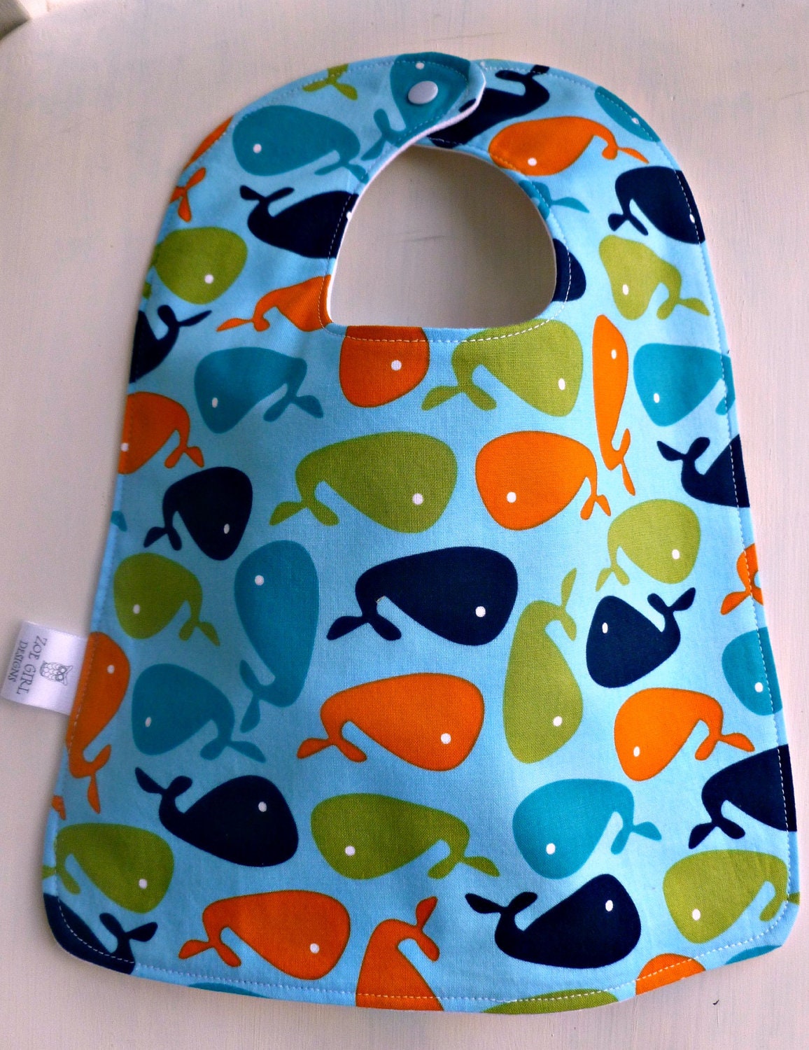 Baby Boy Bib - Blue Whales -  Organic French Terry in Natural