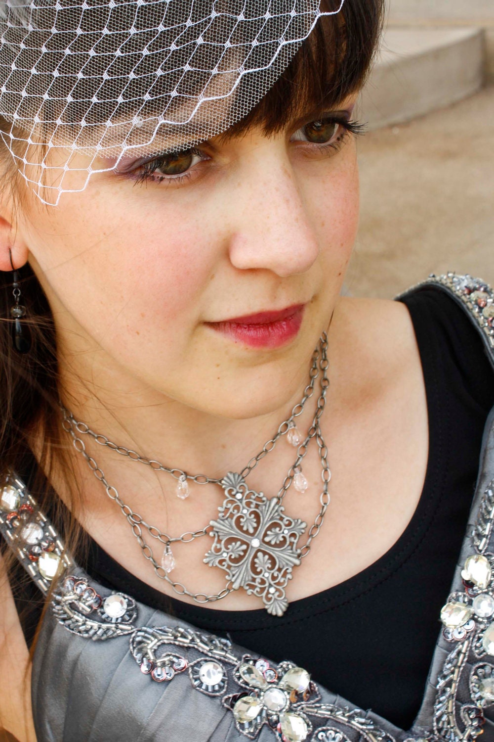 Victorian Style Antique Silver Necklace with Crystals
