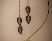 Gilded Leaf Earrings in Cognac and Gold, extra long brown genuine leather dangle earrings