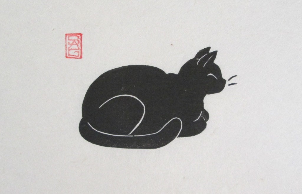 Contentment - Black Cat Lino Block Print