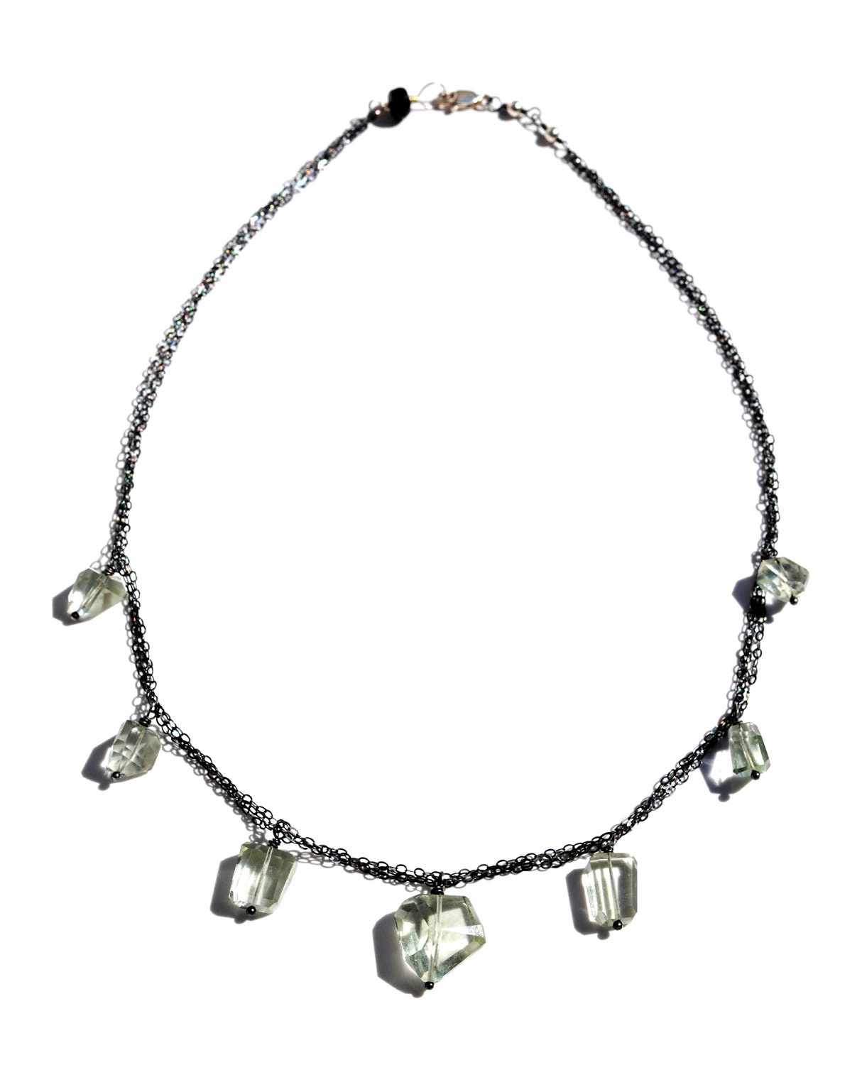 Pale Green Amethyst Nugget Necklace in Gunmetal - Oxidized Sterling Silver, Dangling Fine Gemstone, Multi Chain, Spring Whimsy For Her