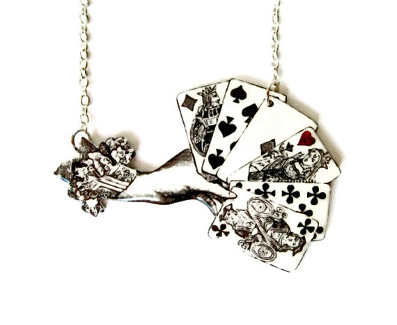 Playing Cards Necklace Victorian Gambling Illustration Deck of Cards Black and White Silver Statement Jewelry