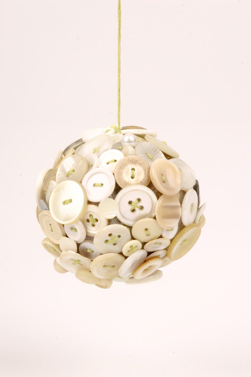 cyber monday - christmas tree ornament - Handmade Singular Ball ,White Vintage Button Collection With mint embroidery thread stitching