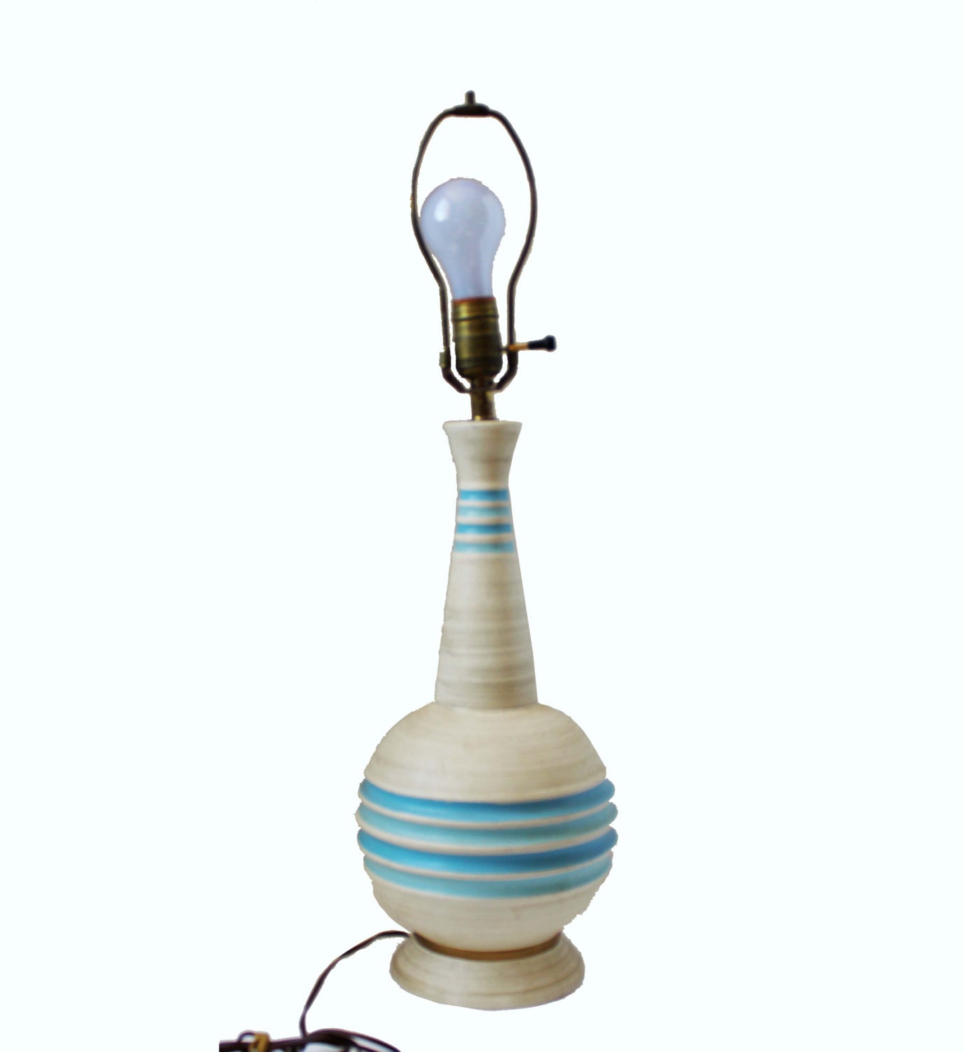 Mid Century White Table Lamp with Blue Stripes