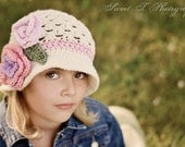 5/tween  Bucket Style Summer Sunhat Beanie crocheted hat Soft Ecru with Flower and accent stripes in Lavender, Soft Pink, Sage, and Pink
