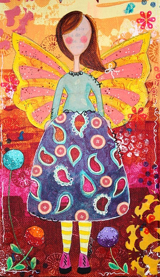 Original Painting - Mixed Media Art - Acrylic Paint - 6x12 canvas - Autumn Angel Collage on Etsy