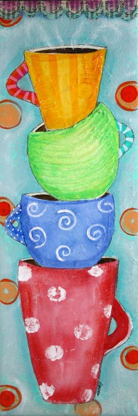 Original Painting - Acrylic Paint and Modeling Paste - 4 x 12 canvas -  Red Green Blue and Orange Coffee Mug Art on Etsy