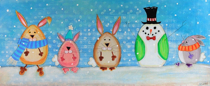 Holiday Artwork with Bunnies and Snowman - Acrylic Painting - 5" x 12" - on Wood Panel on Etsy (5x12)
