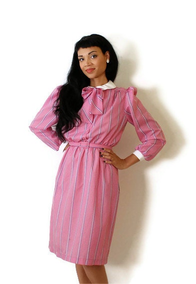 Vintage Pink White and Purple Striped Secretary Dress Collar and Pussy Bow Long Sleeves Medium