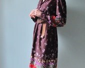 painted tulips long sleeve dress vintage 1970s small medium
