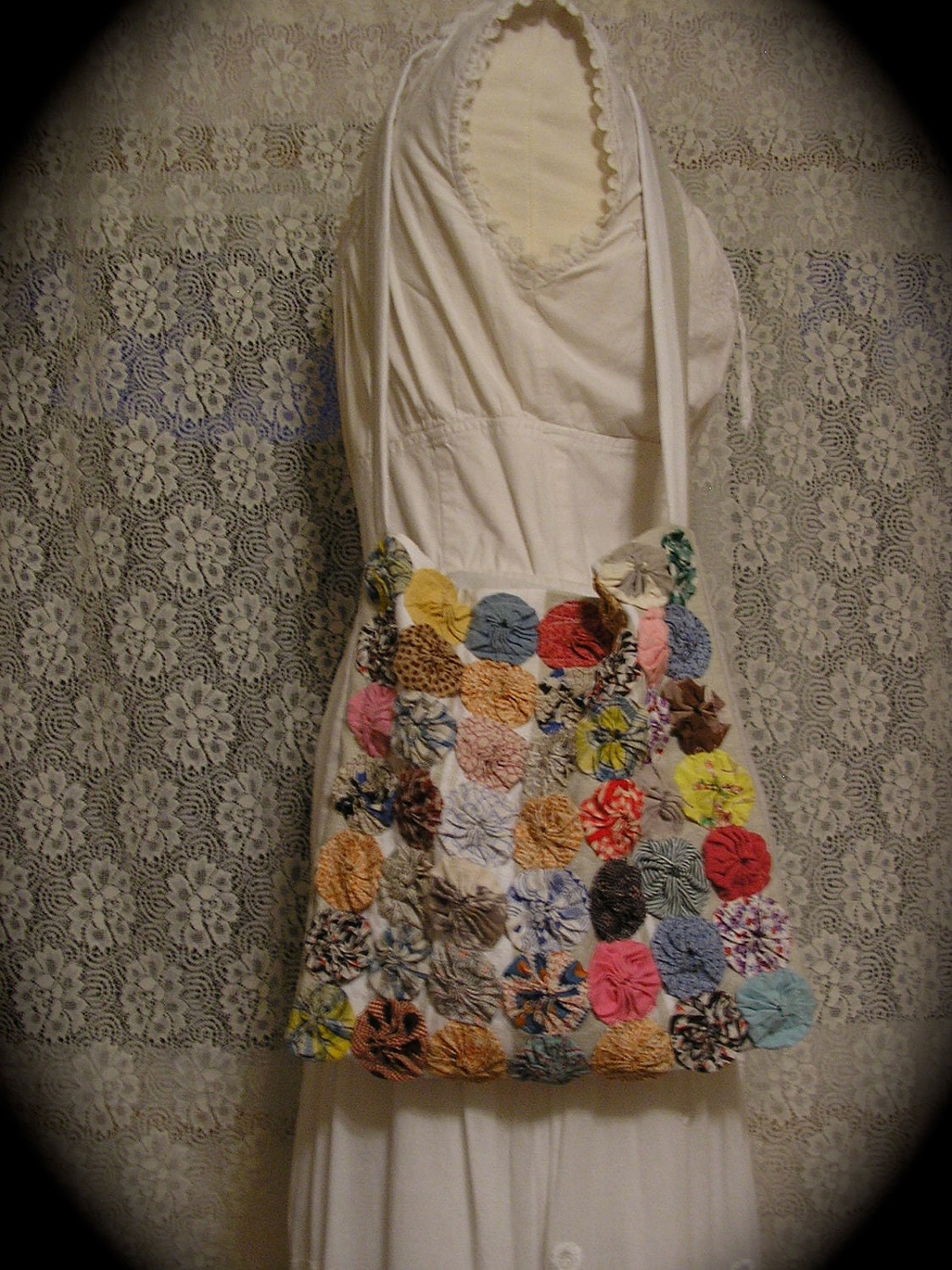 Vintage Yoyo Tote, upcycled cotton linen fabric bag, handmade Eco Friendly recycled