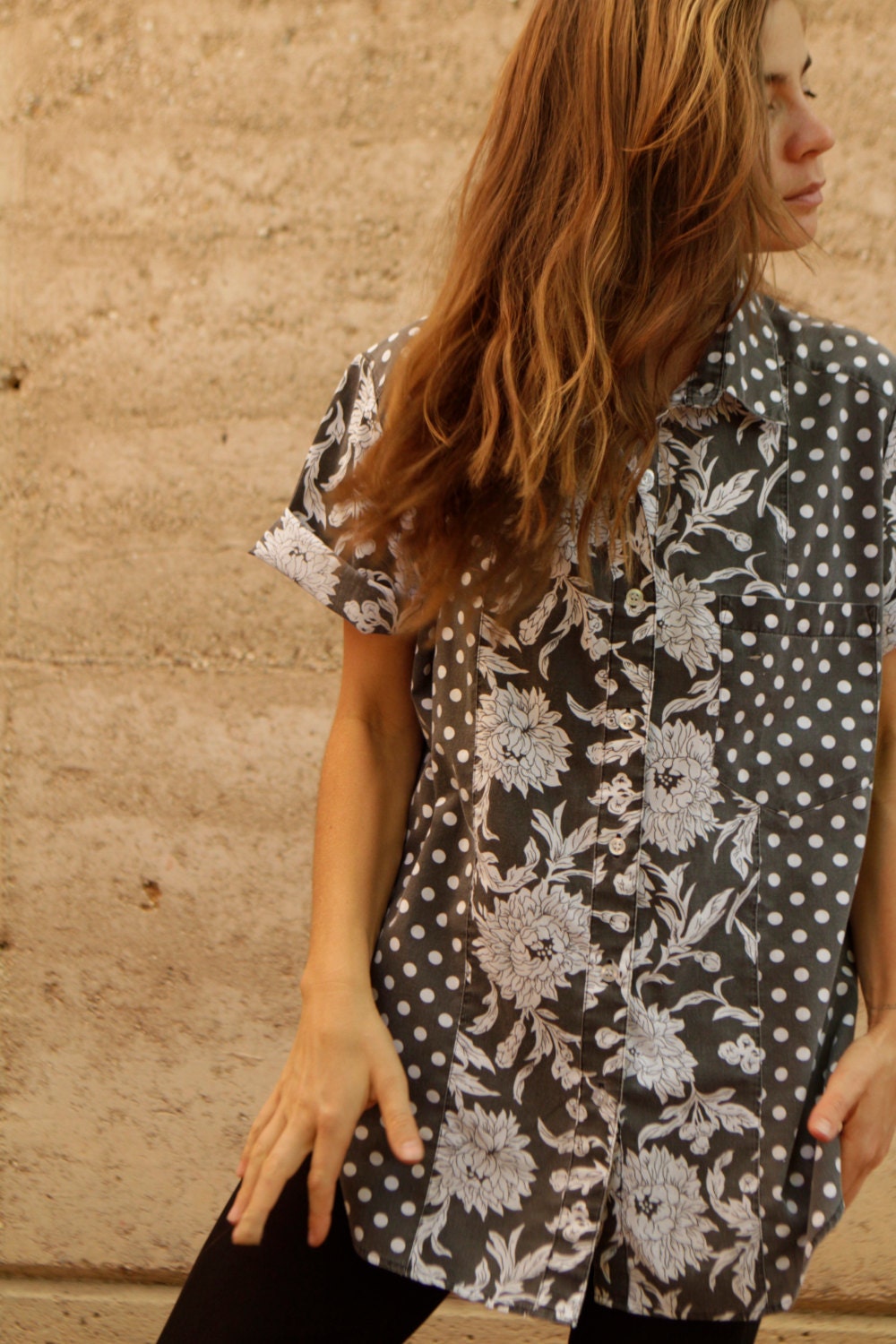 90s polka DOT color blocked SHEER sleeve wild blouse top shirt