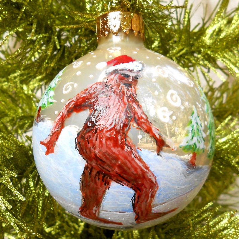 Sasquatch Christmas Ornament - hand painted Bigfoot snow weird holiday decoration made to order