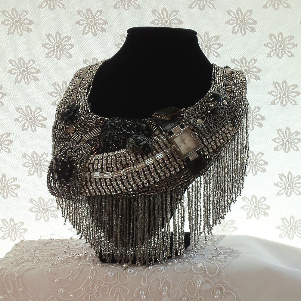 Royal Statement Necklace, Black Rhinestone n Onyx, Unique Haute Couture Accessory, Glamor Bib Necklace, Marelle Couture Original