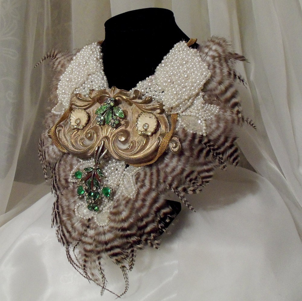 Grand Steampunk Necklace, Brass n Feather jewelry, Snow Owl Bib Neck Piece, unique womans choker.