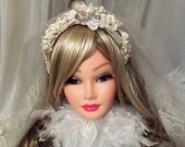 Wedding White Headband, Mother of Pearl Bridal Headpiece n veil, Vintage Couture Wedding Accessory