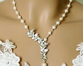 Plumeria Necklace,  Pearl Necklace, White Gold Orchids Cascade Wedding, Bridal Jewelry Bridesmaids Gift