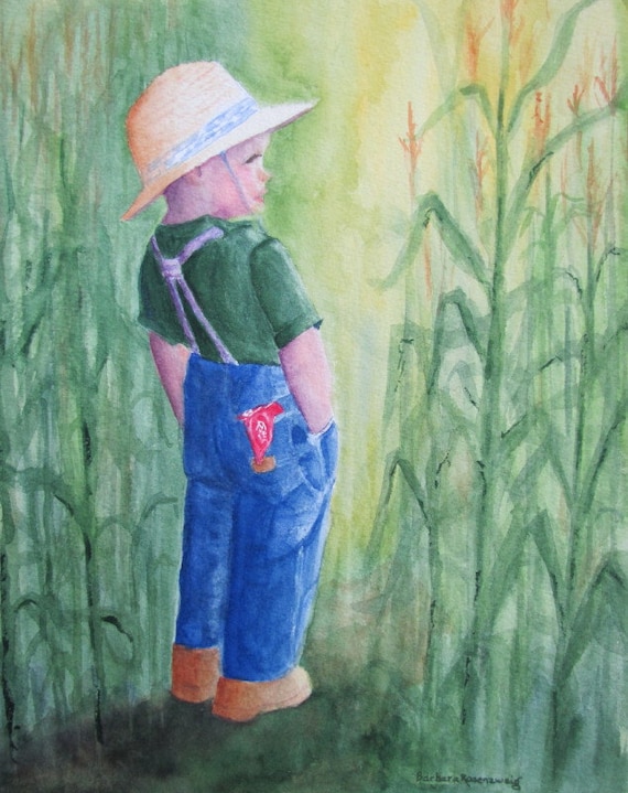 Boy Farmer, Barbara Rosenzweig, Art Print, Etsy, Reproduction of Original Watercolor Painting Autumn Cornfield