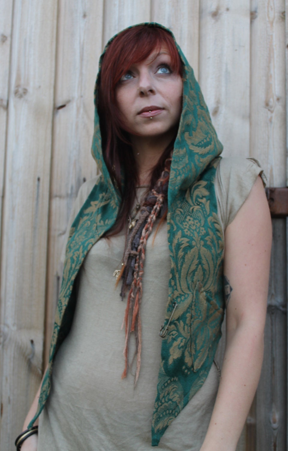 bottle green and mustard yellow tan tribal pixie pirate damask jaquard tapestry vest - all sizes available