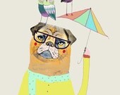 Pug with umbrella and owl friends. Featured in Elle Decoration Magazine. Illustration.