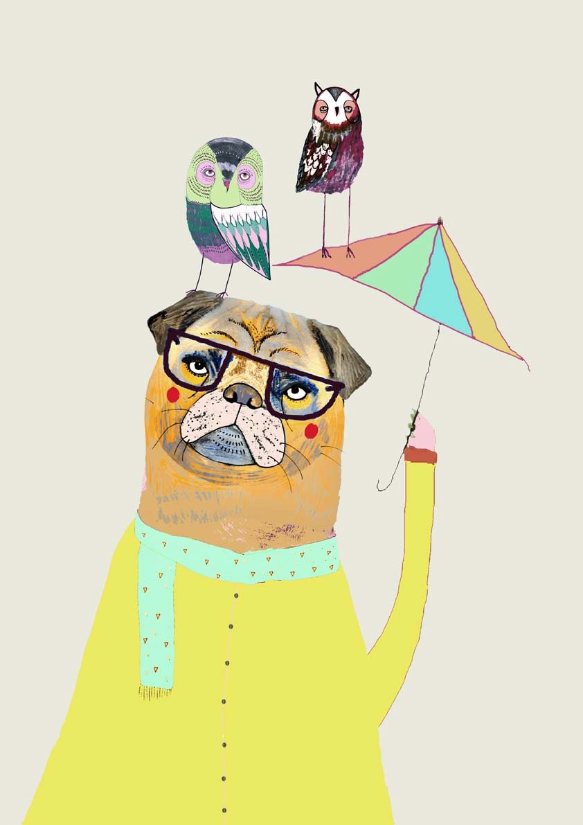 Kids wall decor/ Nursery Decor. Pug with umbrella and owl friends.