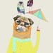 Pug with umbrella and owl friends. Featured in Elle Decoration Magazine. Illustration.
