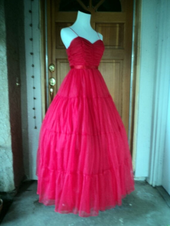 Vintage 60s Dress Chiffon Prom Sweetheart Gathered Bodice Full Tiers Formal XS 32 B