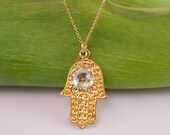 Blue Topaz Necklace - December Birthstone Necklace - Gold Hamsa Hand Necklace - Good Luck Hand Necklace