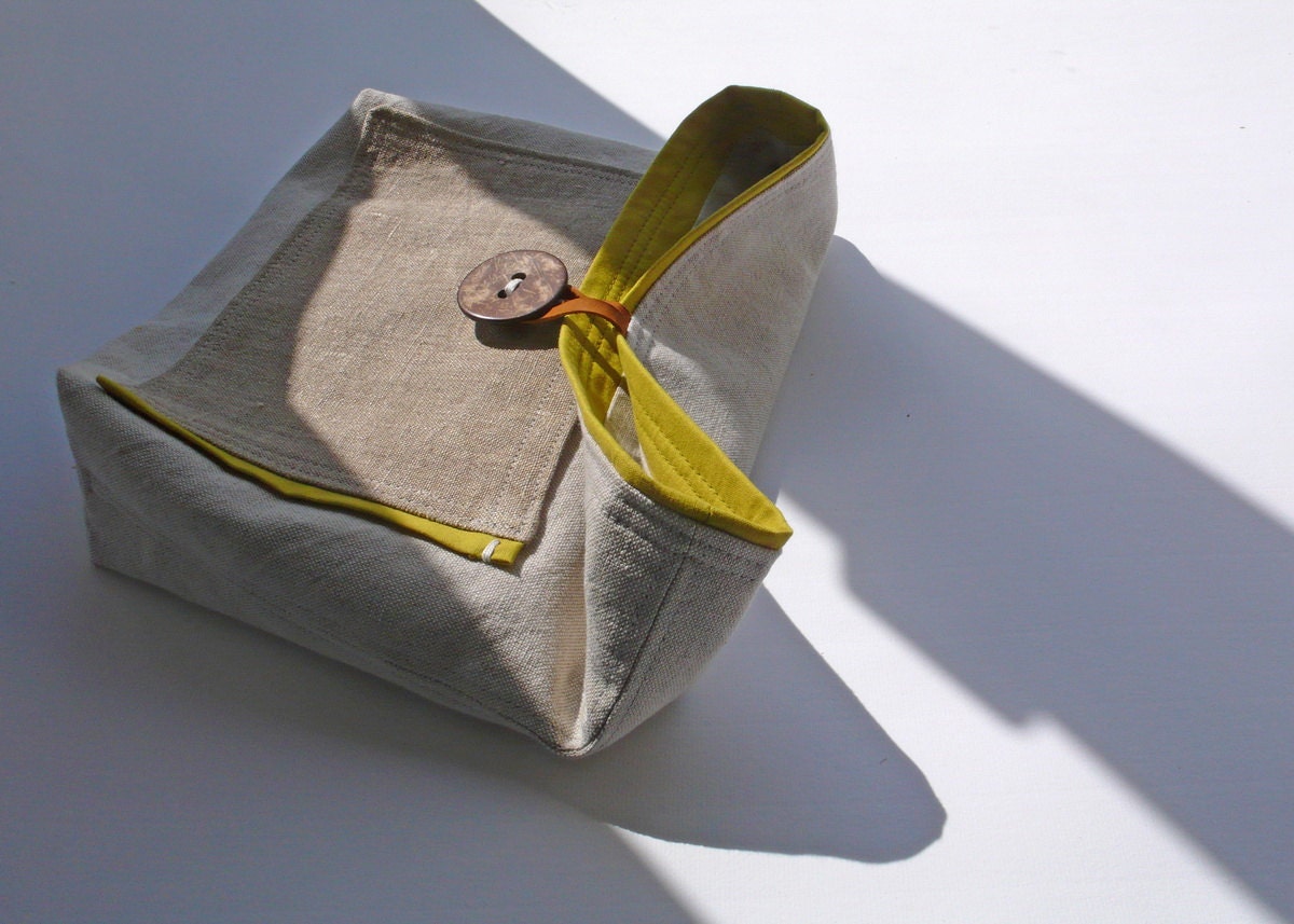 Folded flat clutch natural pear green linen cotton handmade ready to ship