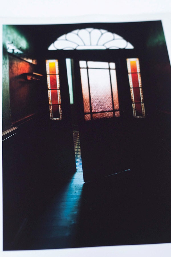 Door photograph, art deco door in English house interior fine art photo, stained glass, dark photography wall artwork. 12x8. UK seller
