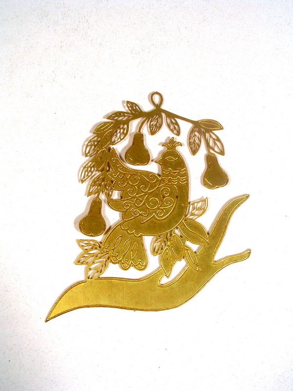 Vintage Ornament, Partridge in a Pear Tree.  Intricate, Stamped Brass, Christmas, Holiday, Decor, Display.