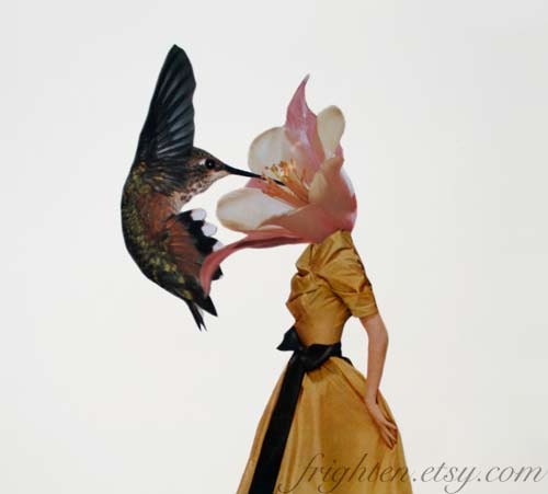 Print of Original Paper Collage, Pollinate, Hummingbird Art Print, Spring Bird and Flower Art