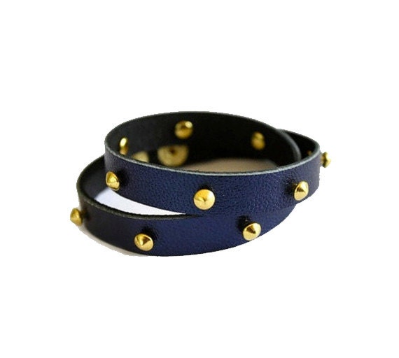 Studded Leather Wrap Bracelet - Dark Blue