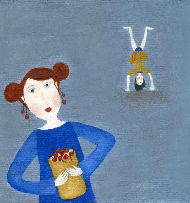 Cherries - Limited Edition Art Print Giclee  10x10 Portrait Blue Girls Headstand Wall Art Whimsical Art
