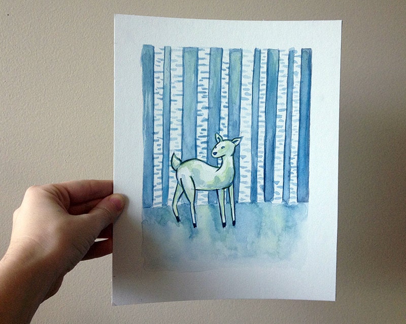 Original Watercolor Painting Artwork 6x8 - Deer in Blue Oak Forest