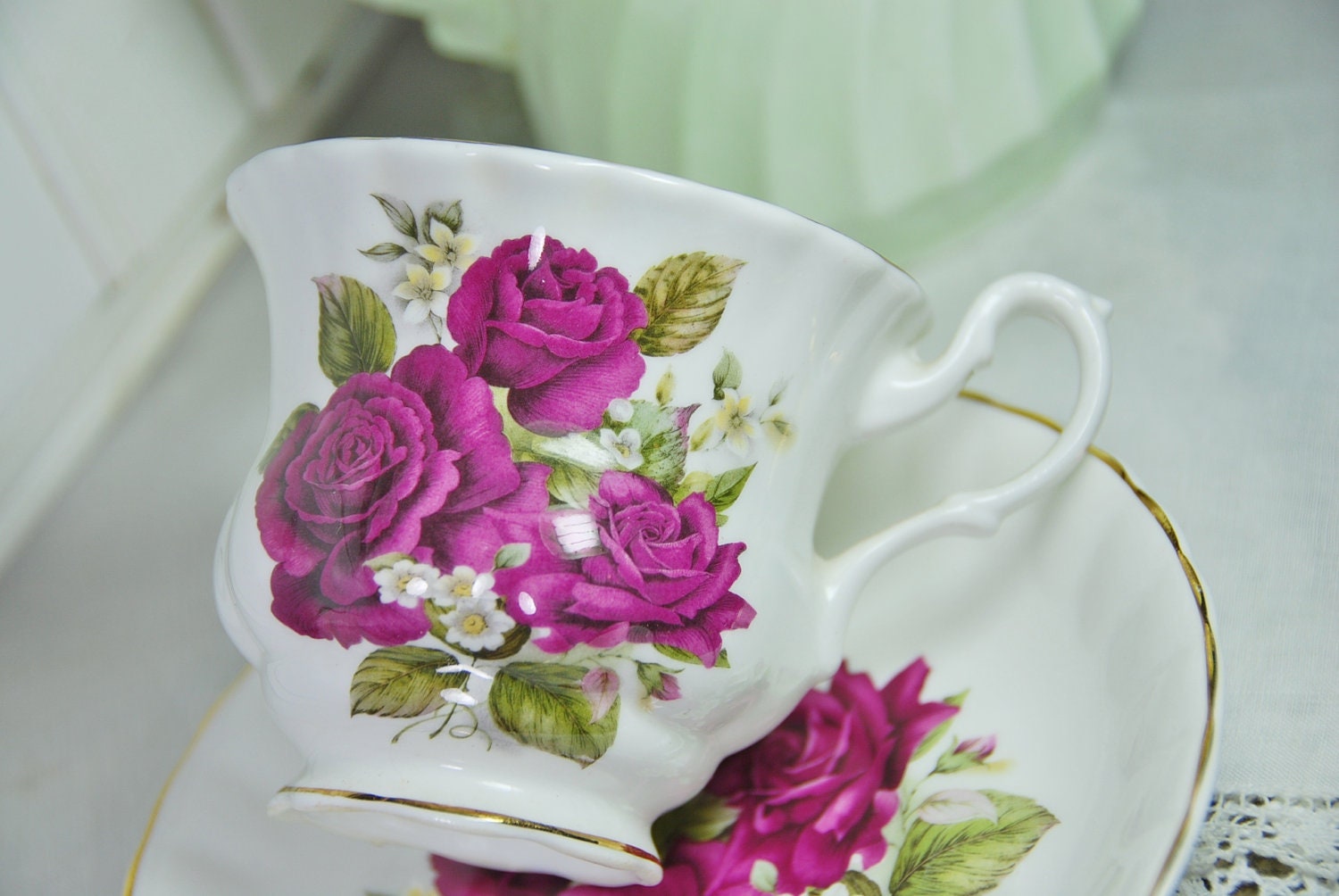 CROWN DORSET  Burgundy Rose Tea Cup and Saucer, Staffordshire, England