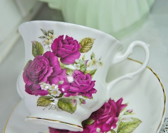CROWN DORSET  Burgundy Rose Tea Cup and Saucer, Staffordshire, England