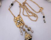 Black Bead Repurposed Necklace, Vintage Charm Necklace, Long Chain Necklace, Rhinestones, Repurposed OOAK Jewelry - JryenDesigns