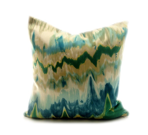 Silk ikat decorative pillow cover .Flamestich.Zigzag Waves. Green, Yellow And Turquoise