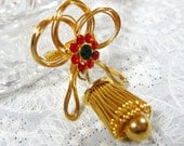 Vintage Dangle Brooch Pin, Red Green Rhinestone Flower, Gold Tone Metal Wire Bow, Bell Charm, 1950s 1960s Mad Men, Christmas Holiday Jewelry