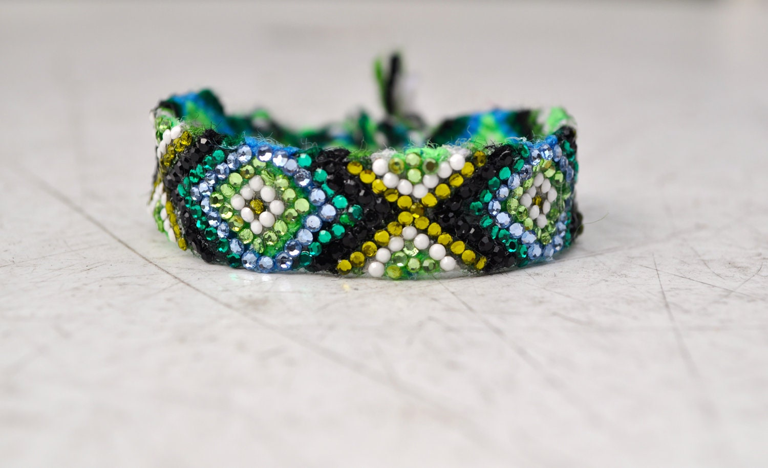 Crystal Friendship Bracelet- emerald, olive green, white, light blue, black