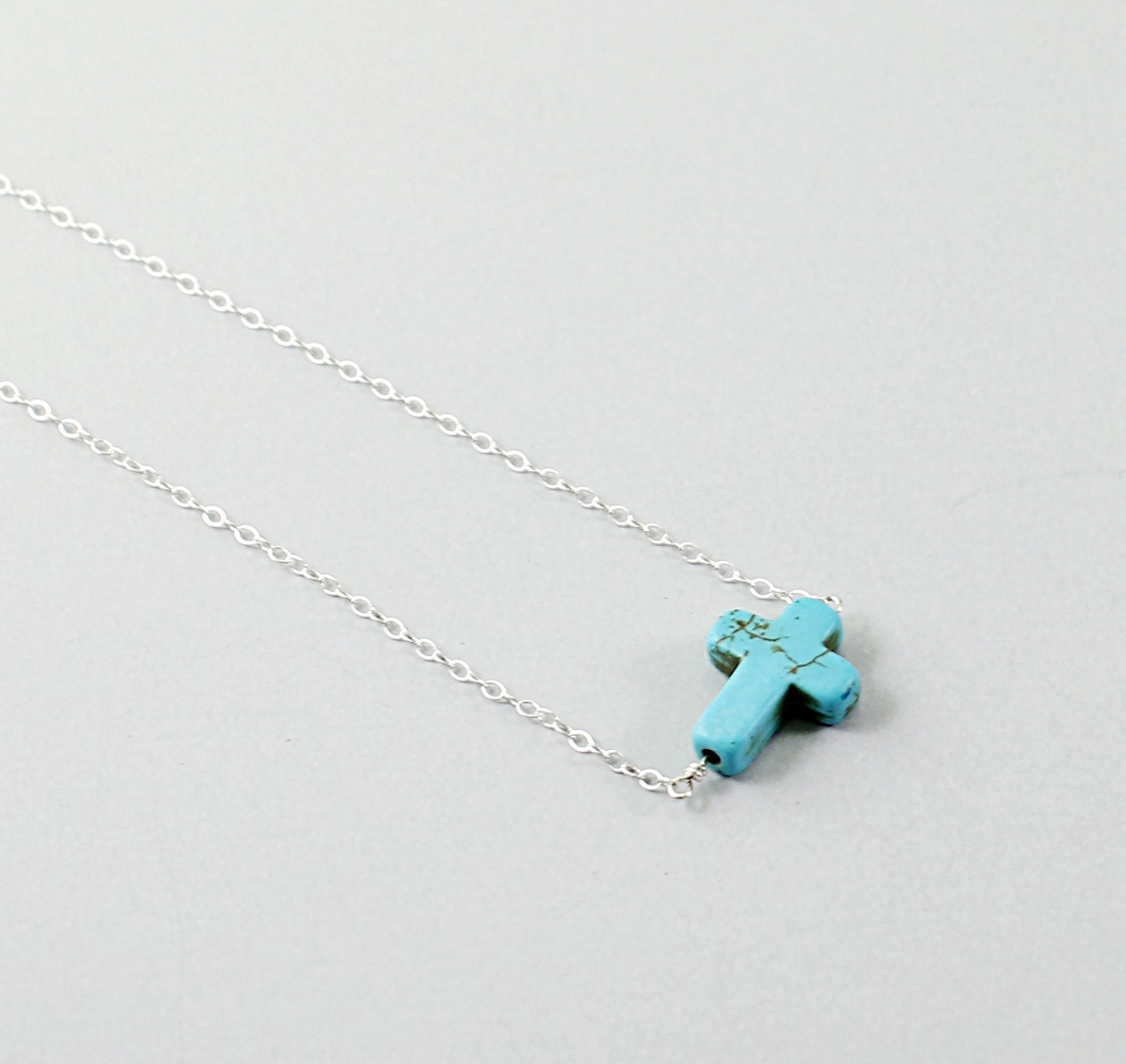 Cross necklace: silver sterling turquoise, Christian, religious necklace grey gray