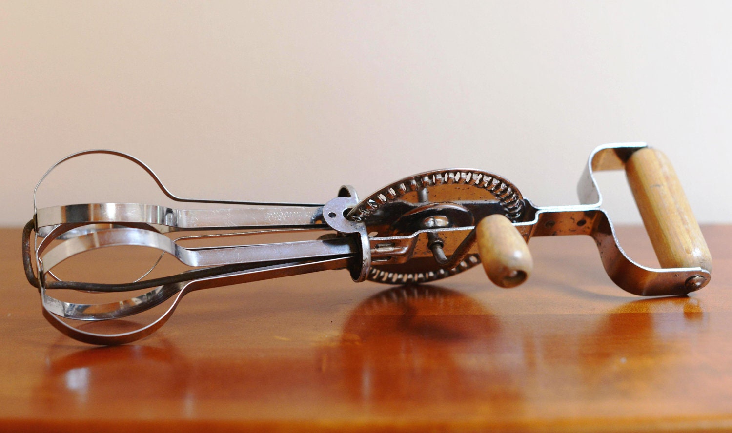 Vintage Egg Beater, Hand Mixer -  A&J Ekco Products Company - Wood Handles, Stainless Steel, Made in USA, c.1940s